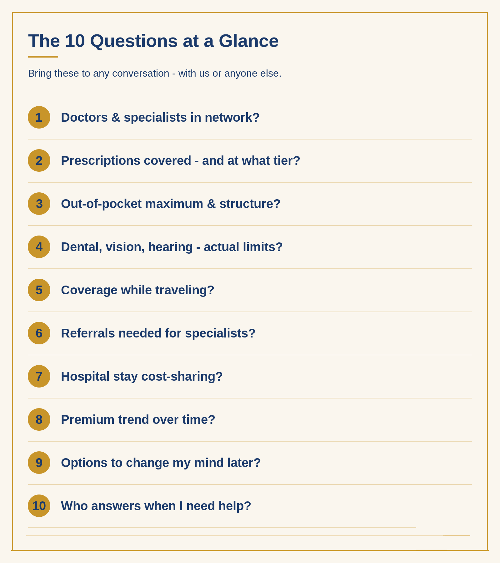 Numbered checklist graphic listing 10 questions to ask before choosing a Medicare plan, from AdviseCare Insurance